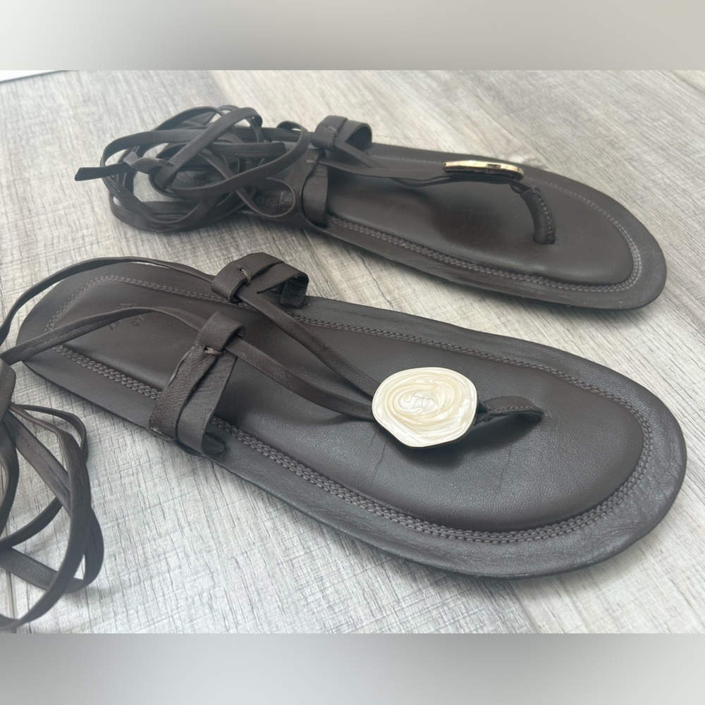 Zara Flat Brown Leather Wrap Sandals Size 6.5/37